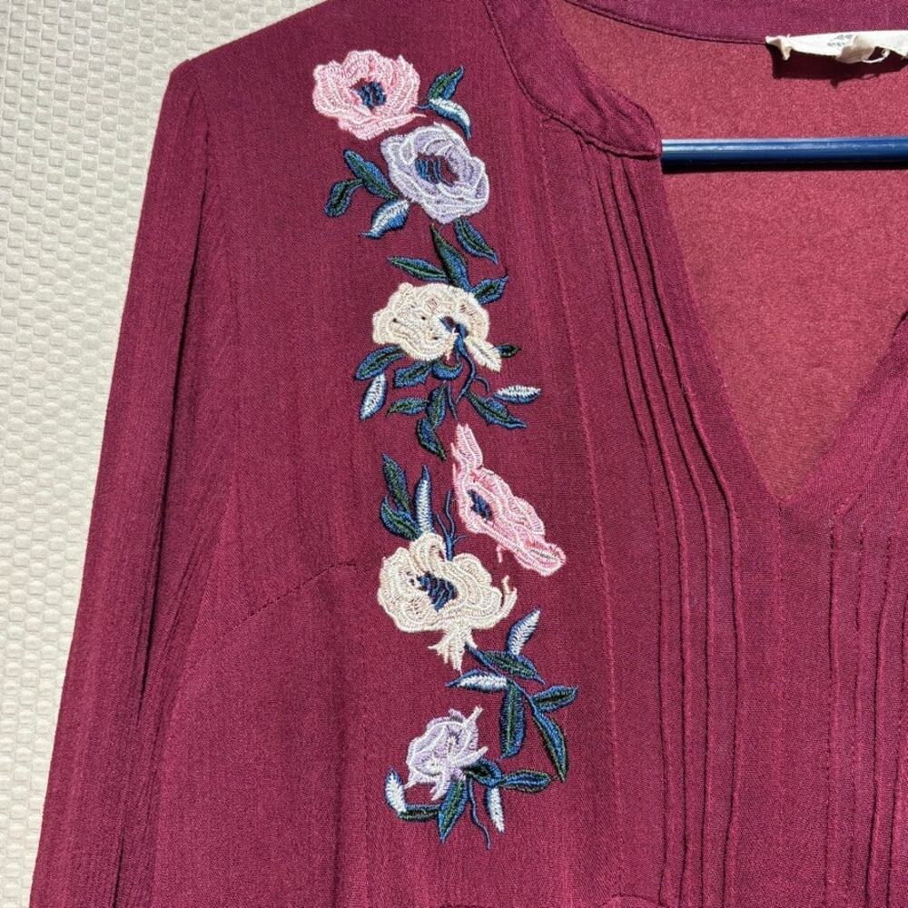 Entro Burgundy Floral Embroidered Tunic Dress Long Sleeve Pockets Size S - Picture 4 of 11